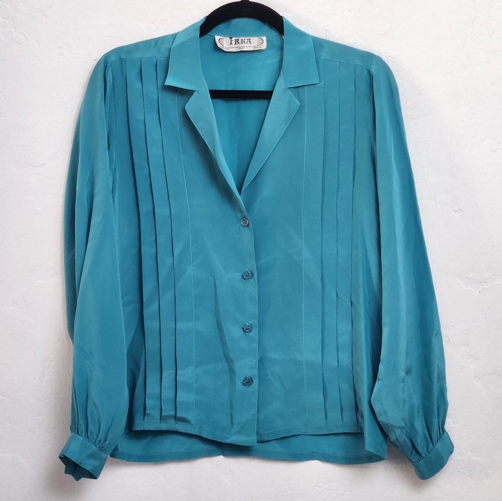 IRKA Turquoise 100% silk button up blouse - Size 8
